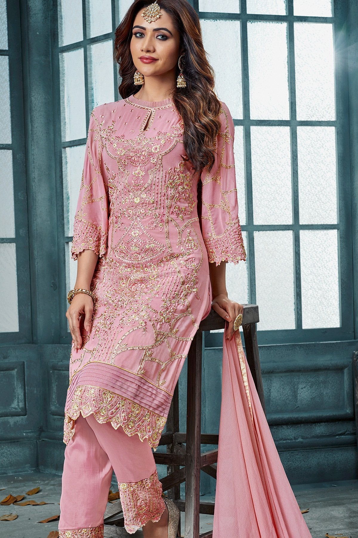 Pink Embroidered Party Wear Straight Suit