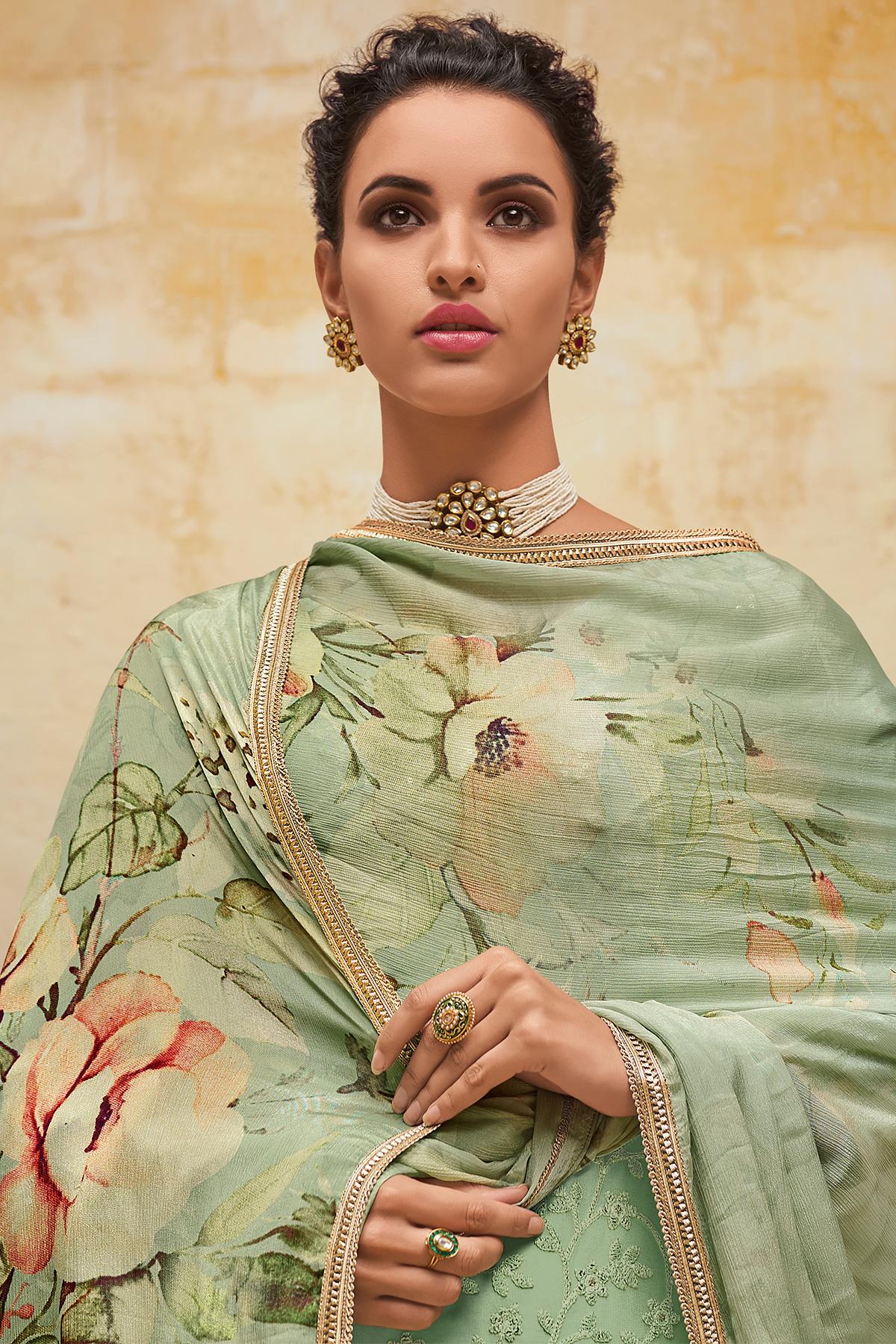 Pista Green Designer Georgette Palazzo Suit