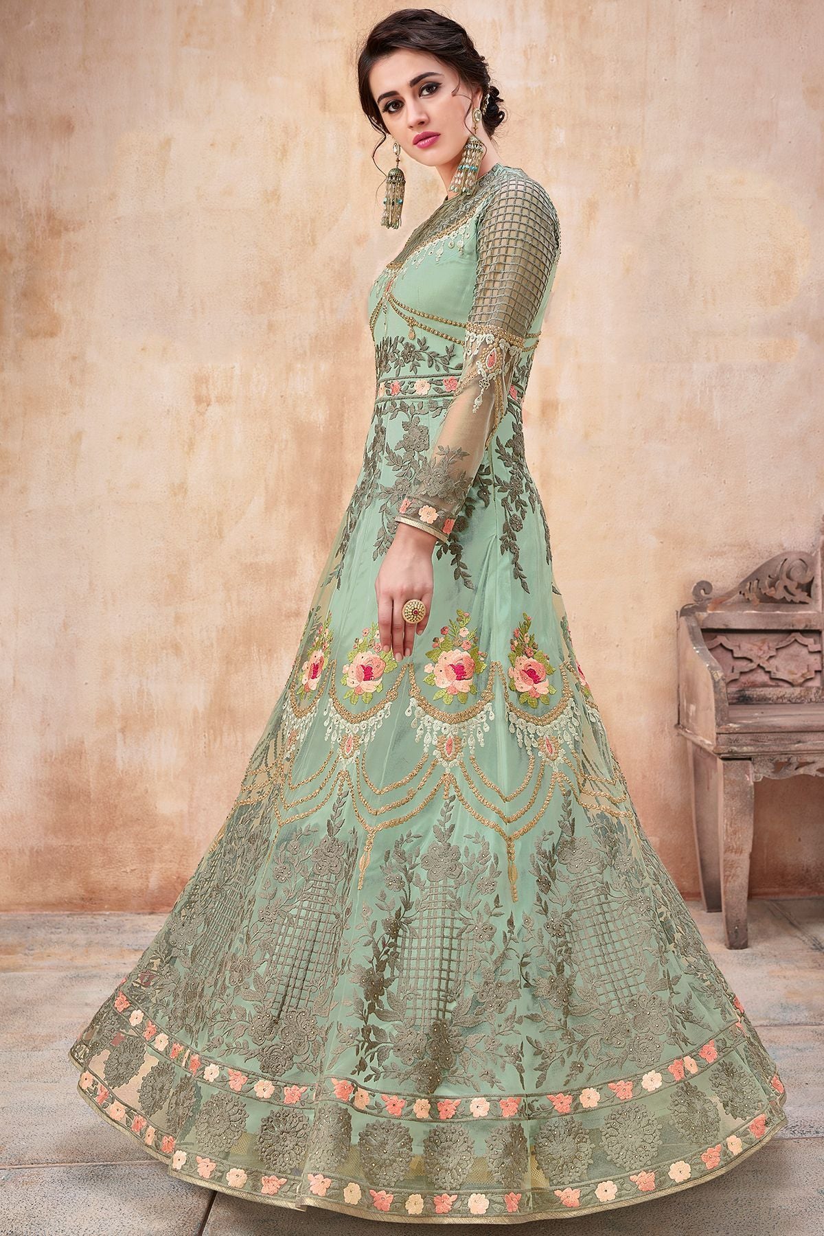 Pista Green Embroidered Net Anarkali Suit