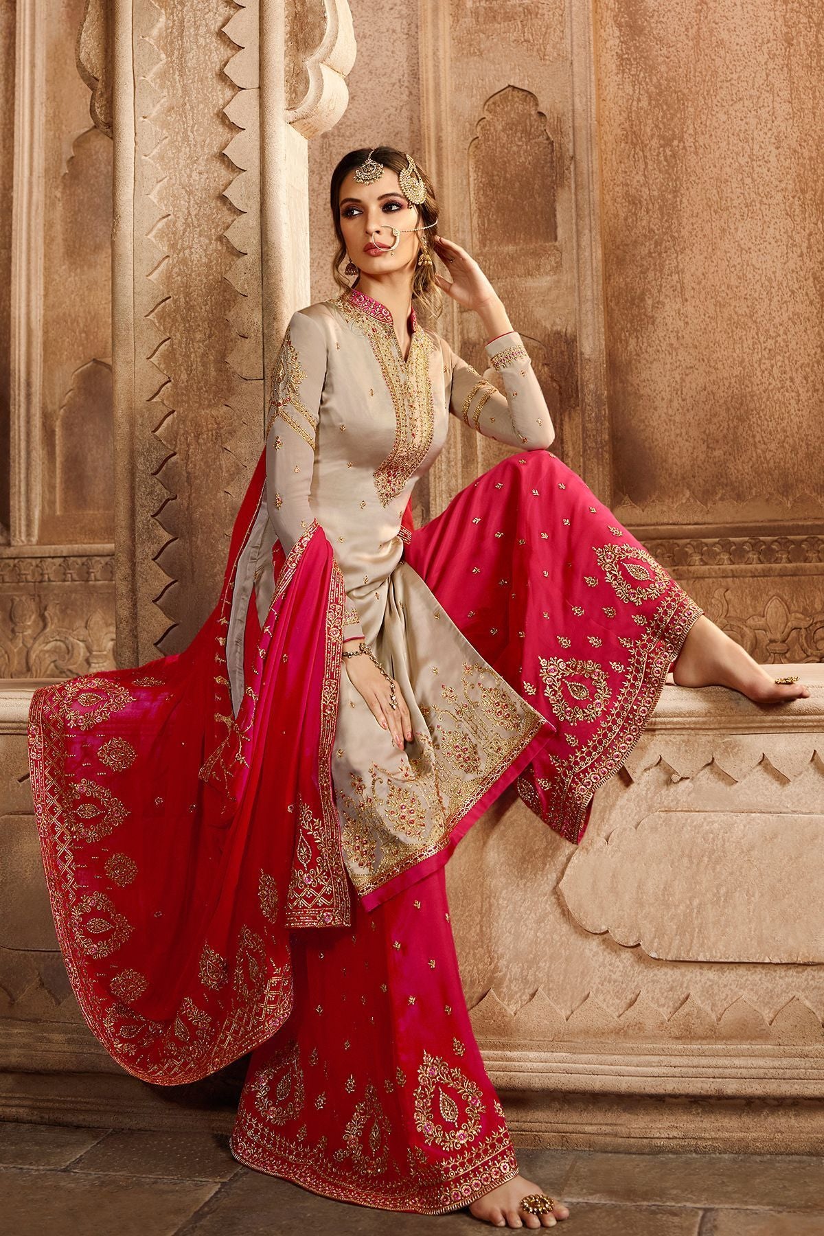 Pistachio and Hot Pink Georgette Palazzo Suit