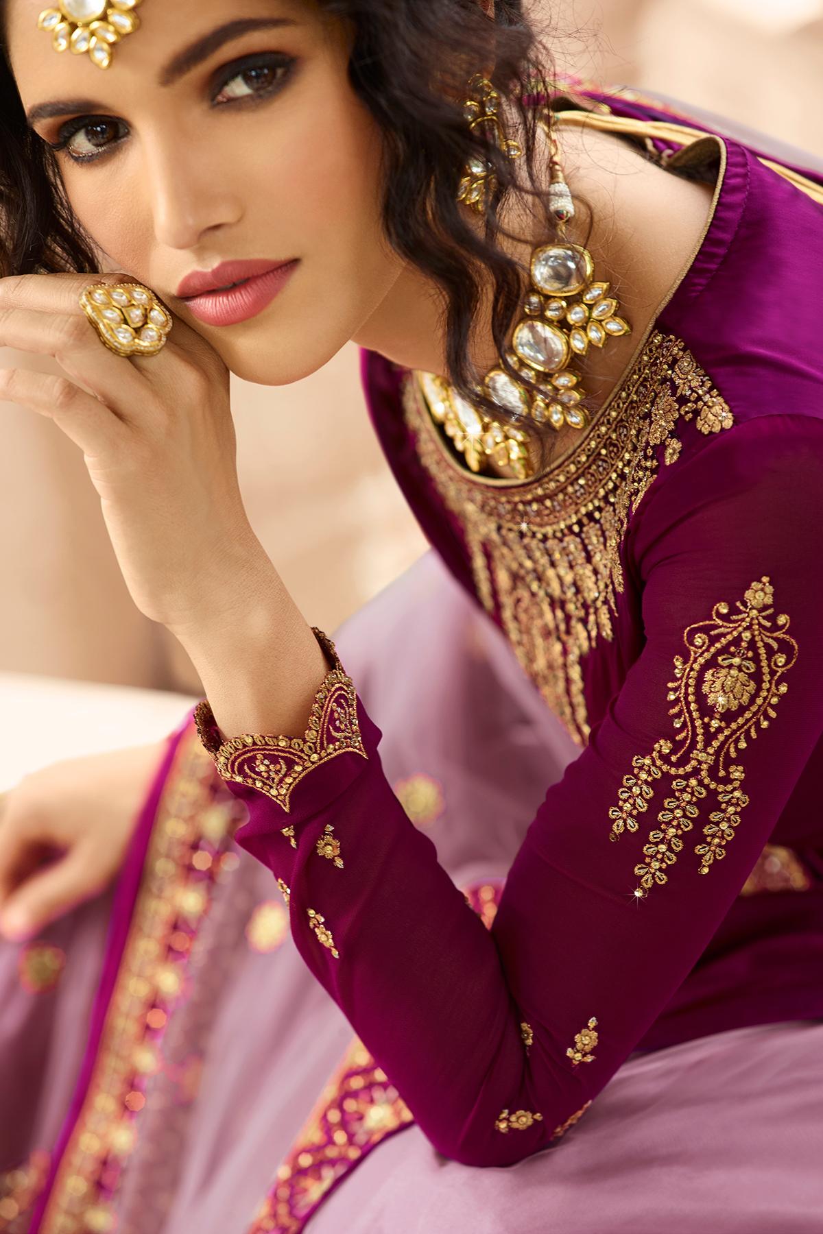 Plum Designer Satin Georgette Gharara Suit