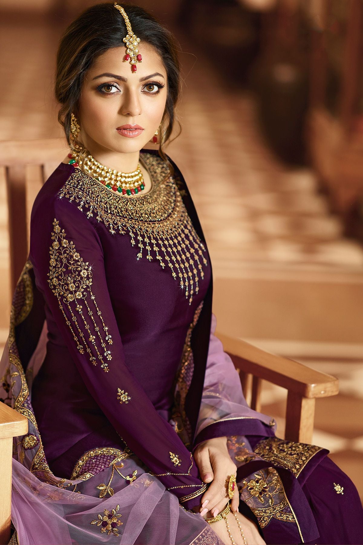 Plum Embroidered Party Wear Sharara Suit
