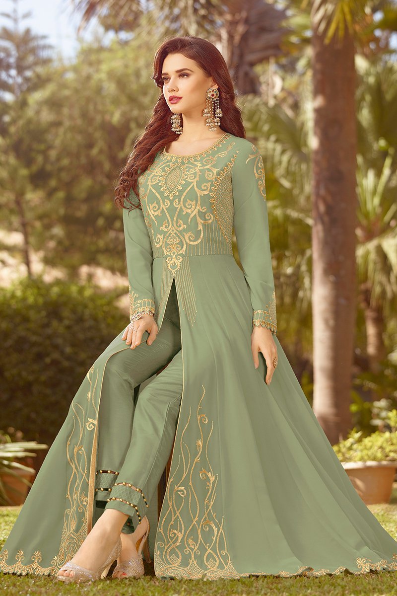 Light Green Golden Embroidered Slit Style Anarkali Suit