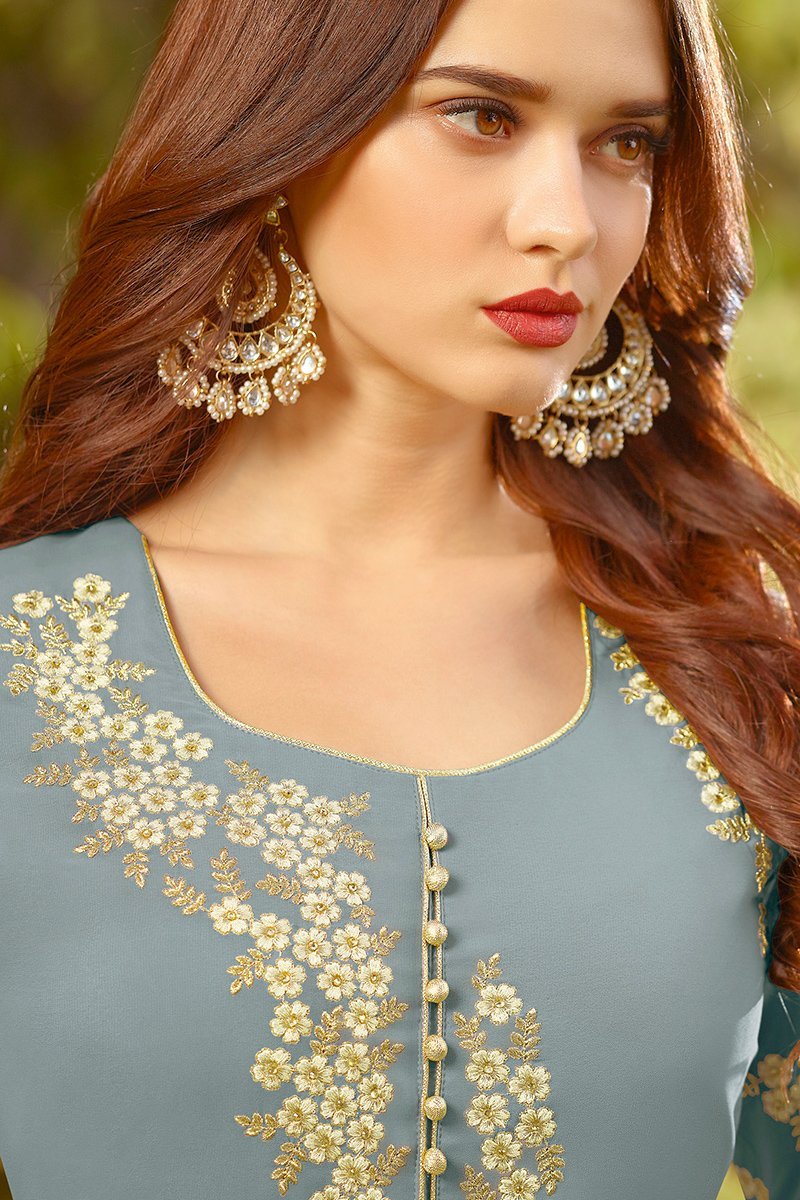 Teal Blue Golden Embroidered Party Wear Anarkali Suit