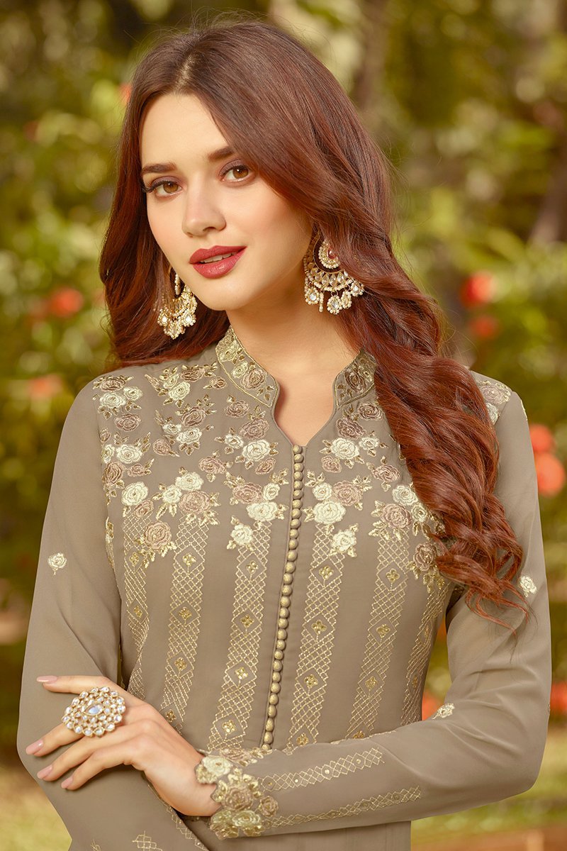 Light Brown Golden Embroidered Party Wear Anarkali Suit