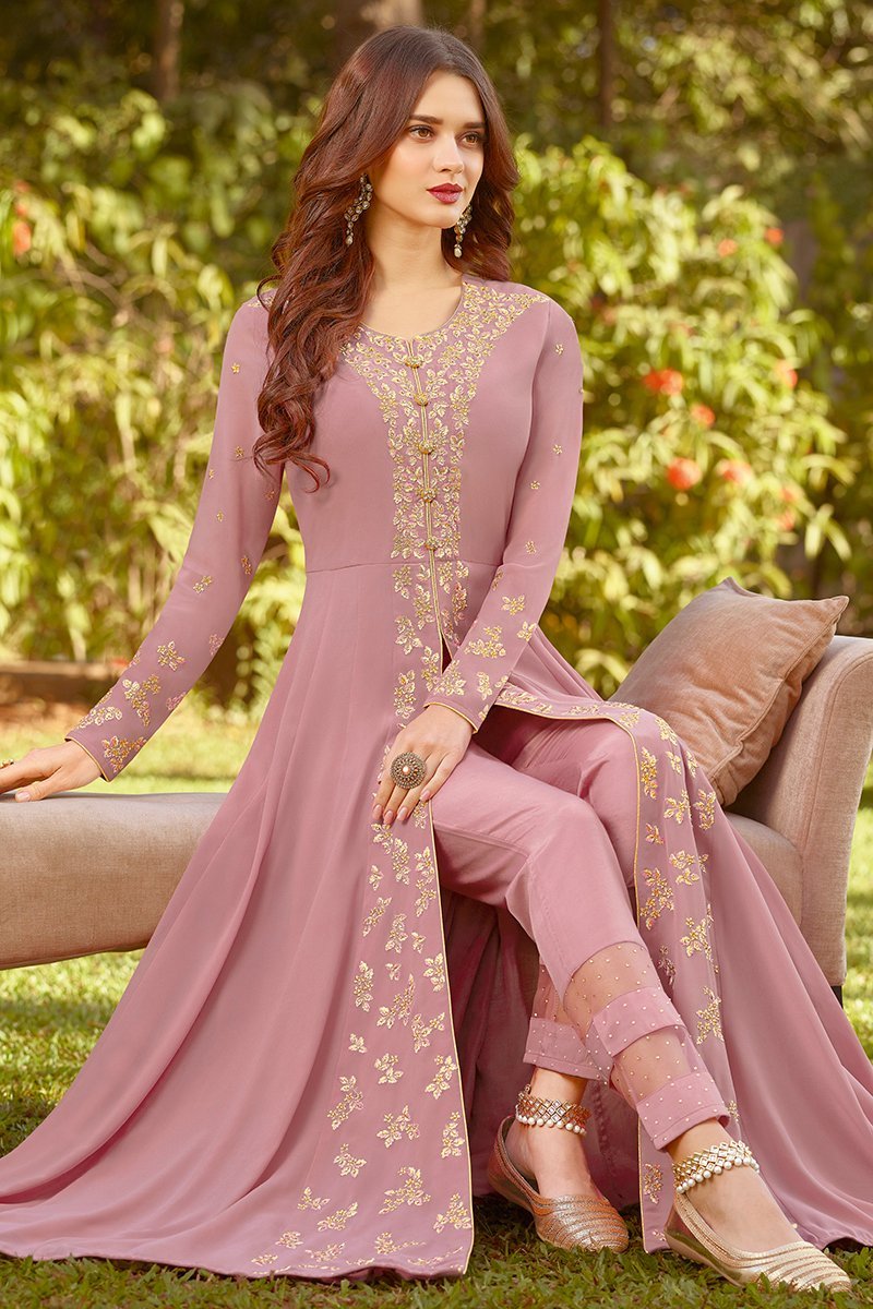 Light Pink Golden Embroidered Party Wear Anarkali Suit