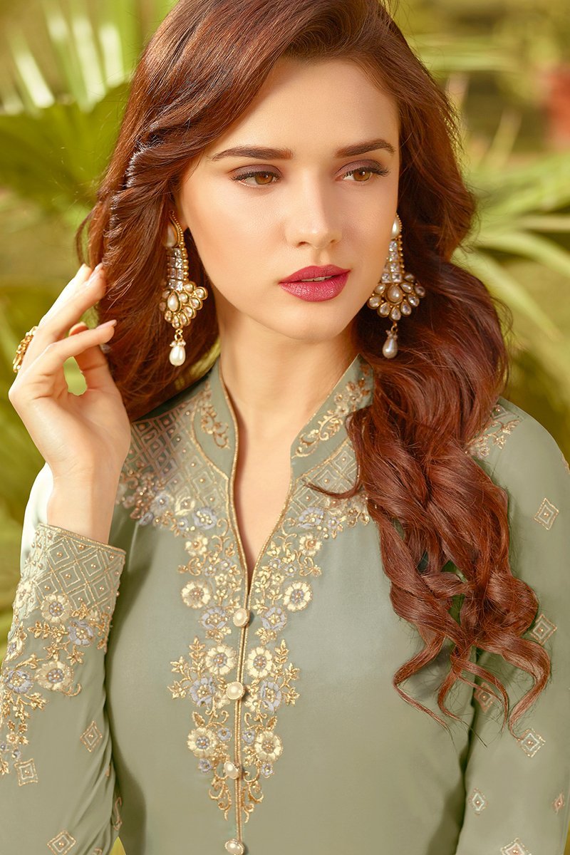 Pastel Green Golden Embroidered Party Wear Anarkali Suit