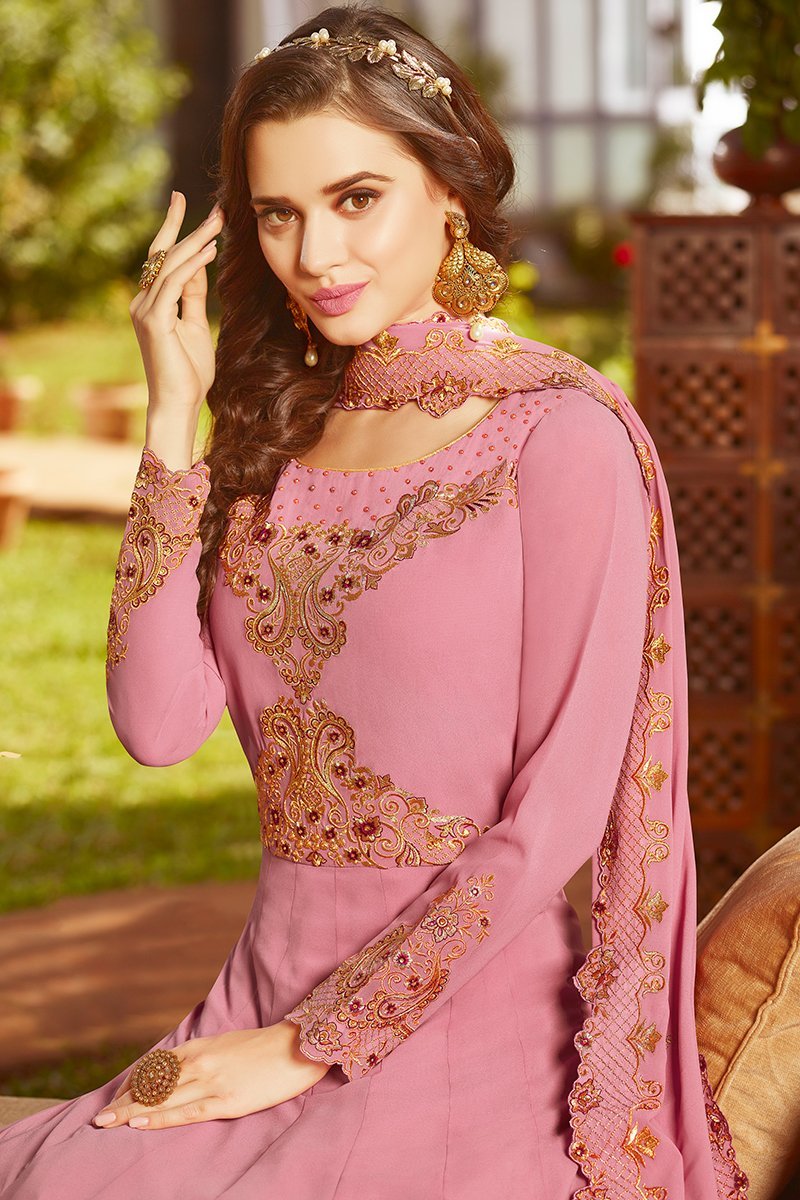 Flamingo Pink Georgette Party Wear Anarkali Suit