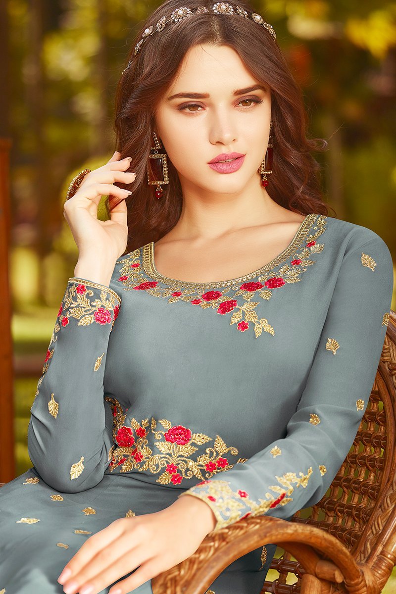 Flint Grey Georgette Party Wear Anarkali Suit