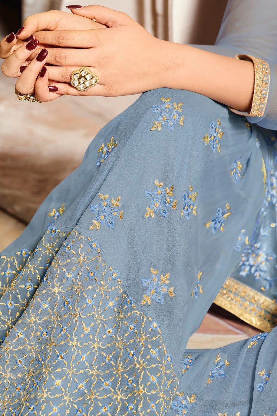 Teal Blue With Golden Touch Embroidered Gharara Suit