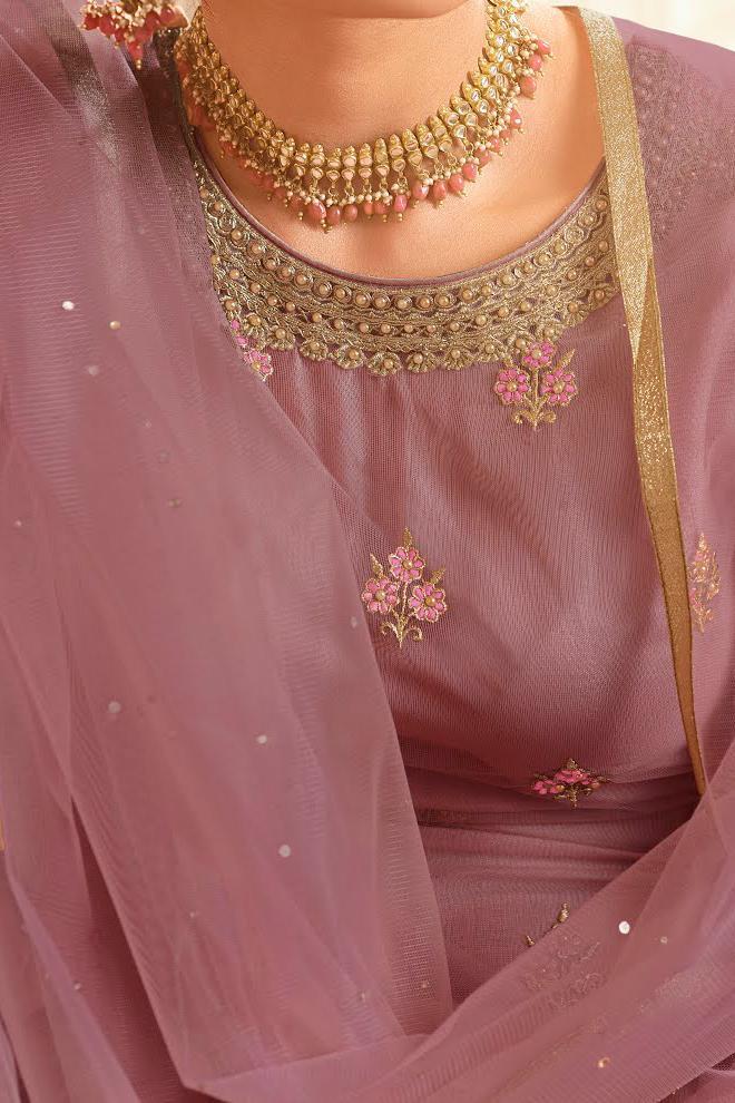 Light Purple With Golden Touch Embroidered Gharara Suit