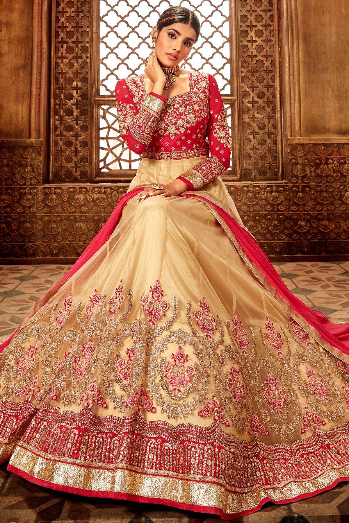 Red and Chiku Designer Silk Anarkali Suit