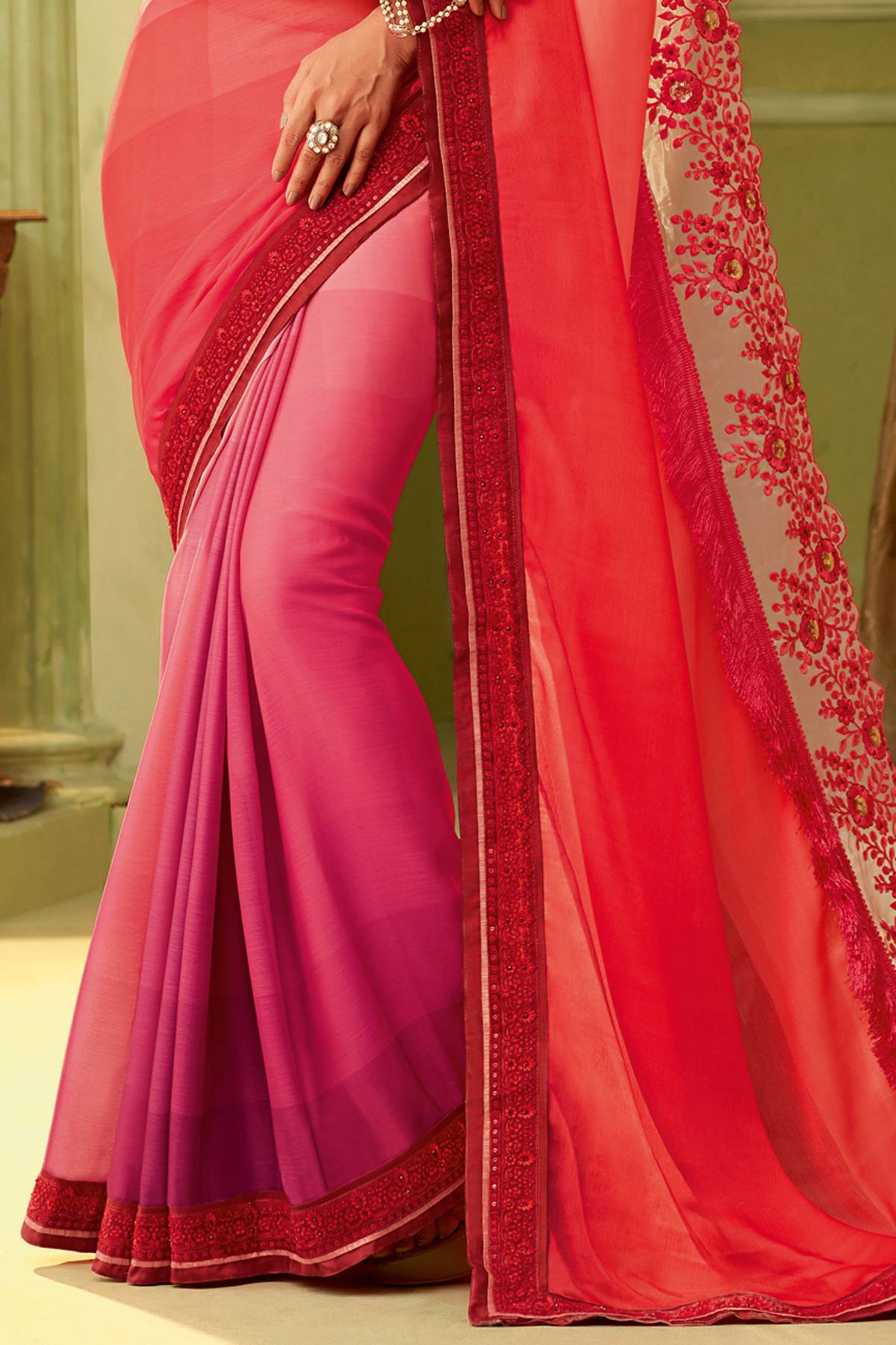 Red And Magenta Designer Silk Sari