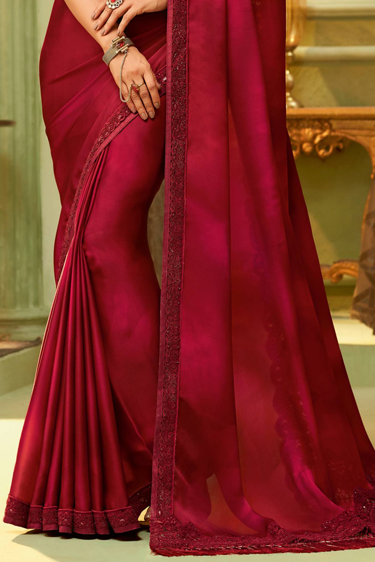 Red Designer Embroidered Silk Sari