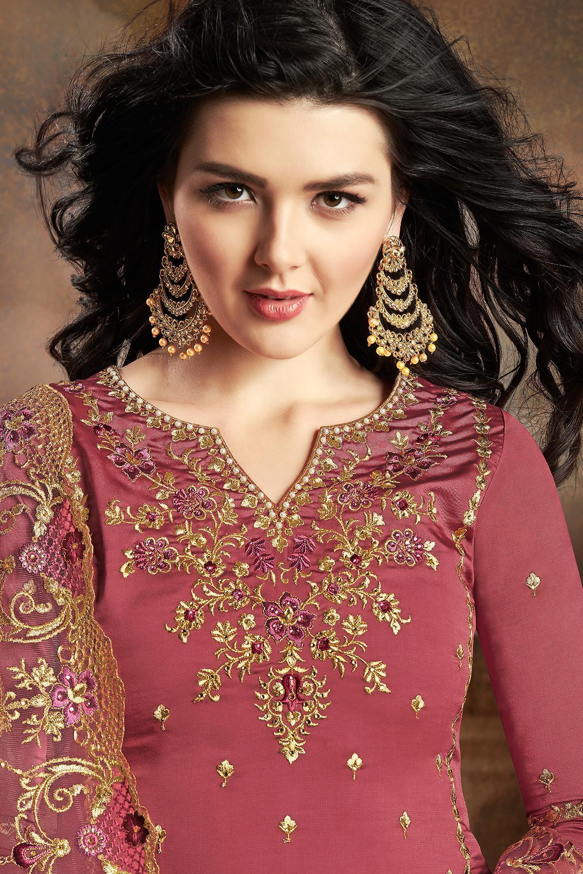 Rose Pink Designer Embroidered Silk Sharara Suit