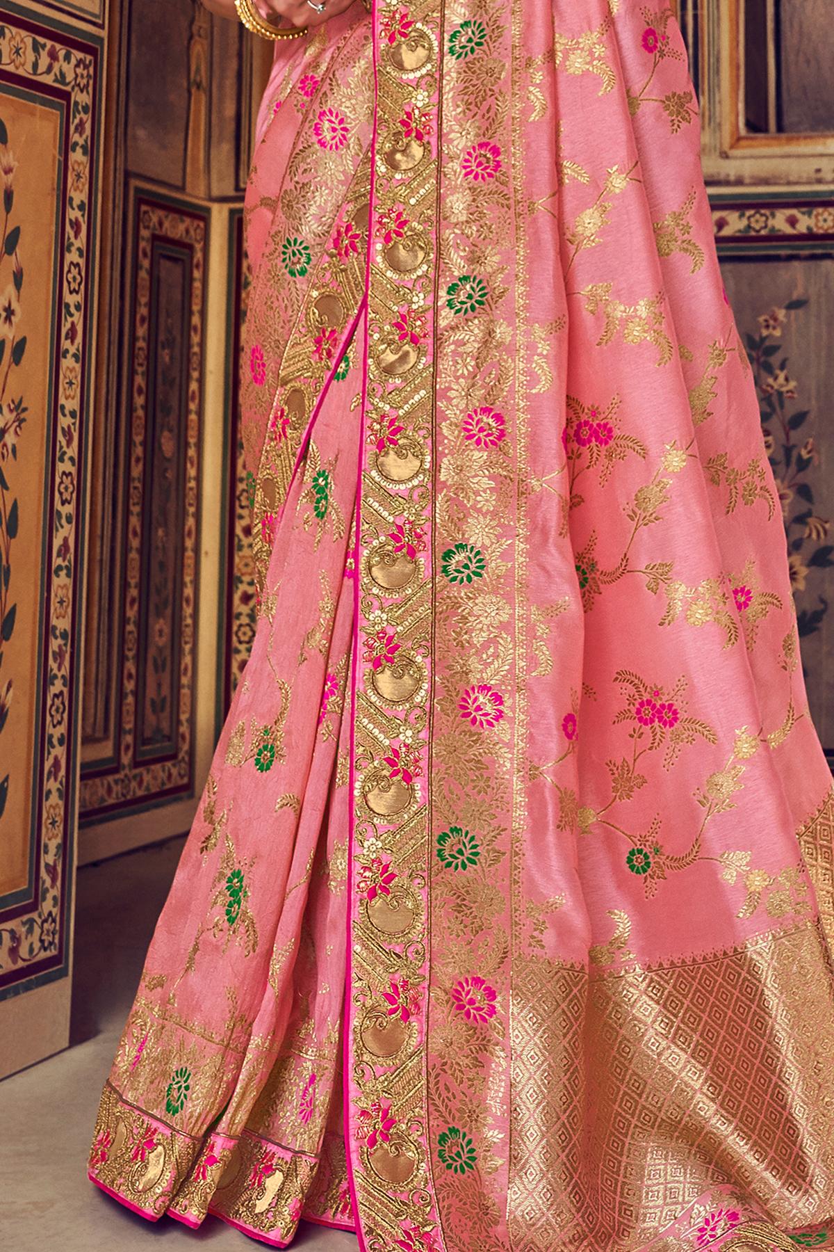 Rose Pink Designer Wedding Silk Sari