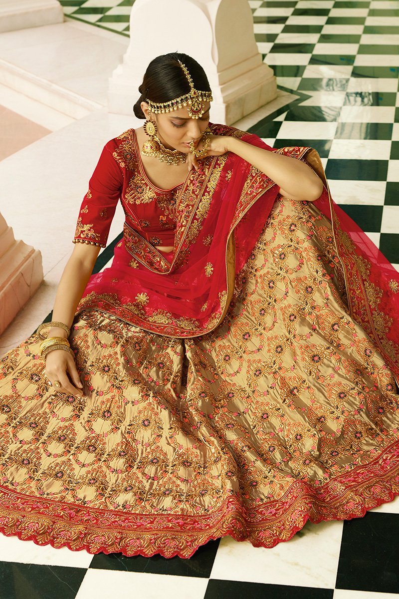 Cherry Red and Flaxen Yellow Silk Party Wear Lehenga Choli