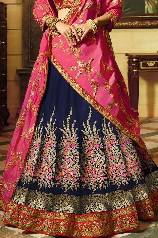 Cozy Blue and Red silk party wear lehanga Set