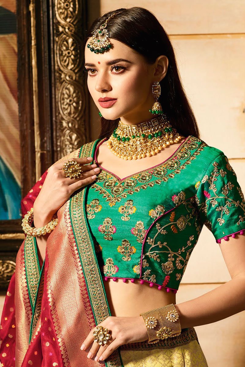 Attractive Yellow And Green Party wear Lehanga Set