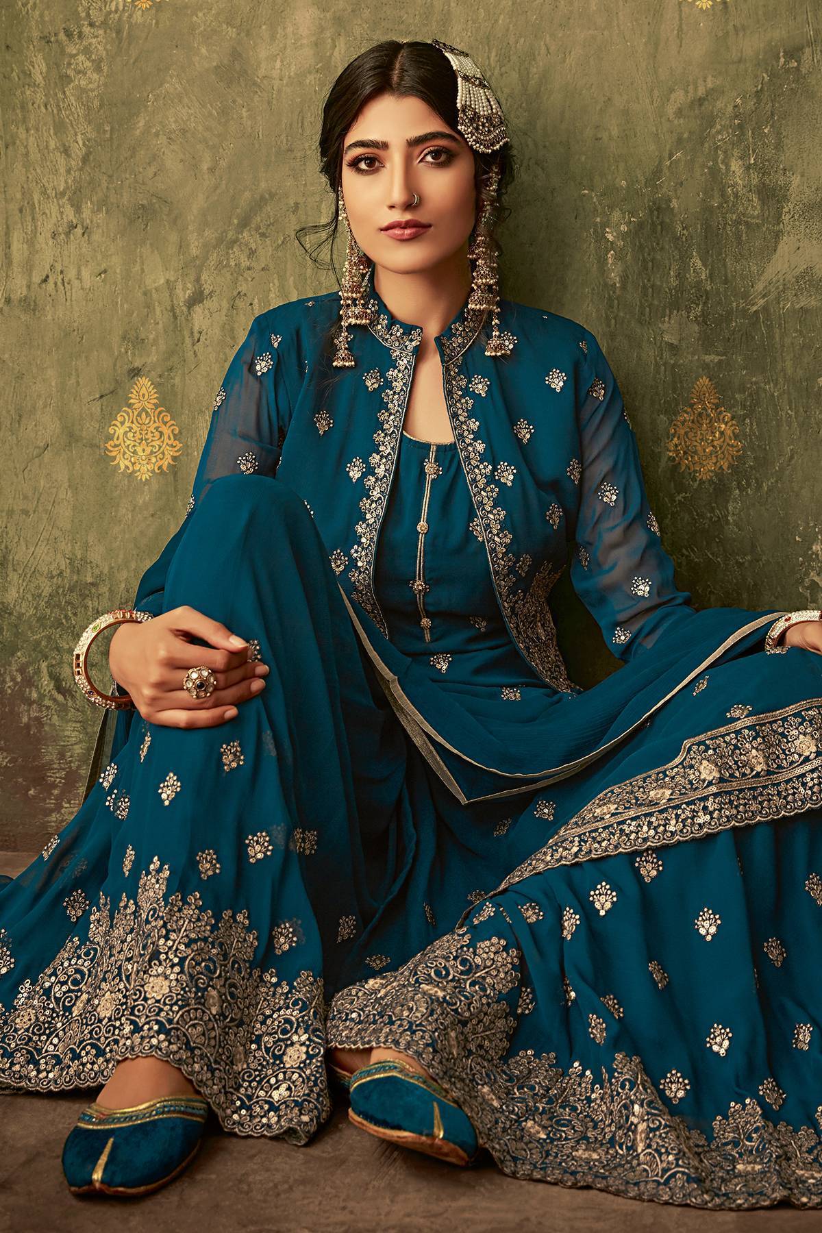 Royal Blue Designer Sharara Suit With Koti