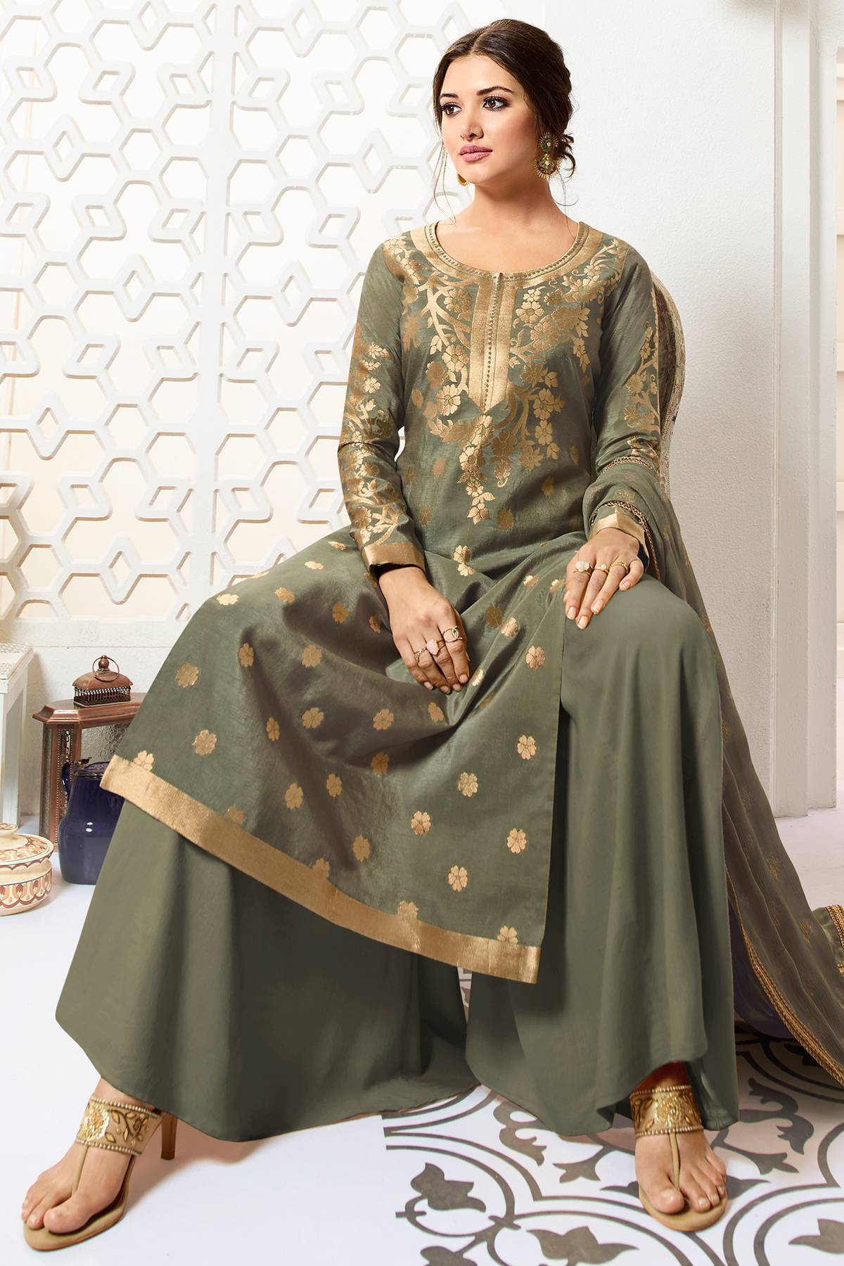 Sage Green Designer Silk Palazzo Suit