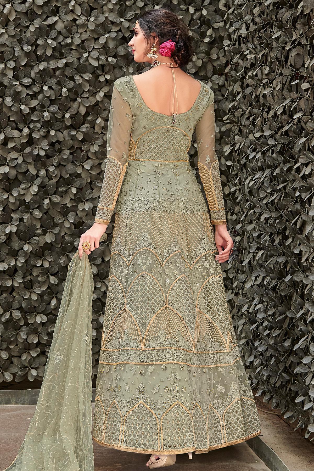 Sage Green Embroidered Designer Anarkali Suit