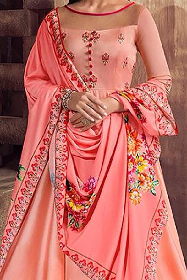 Lovely Peach Tafeta Silk Anarkali Party Wear Suit