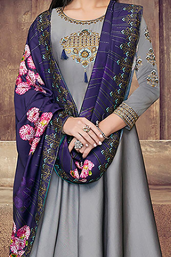 Cozy Gray Tafeta Silk Anarkali Party Wear Suit