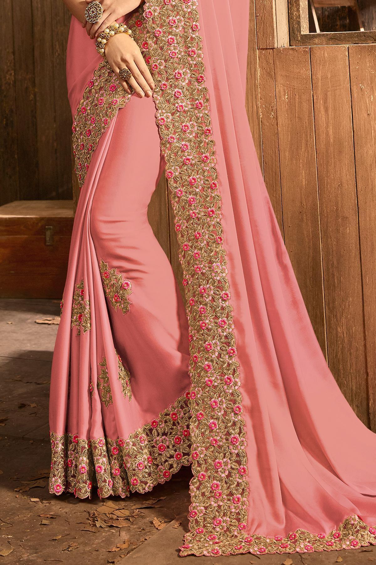 Salmon Pink Designer Party Wear Silk Sari