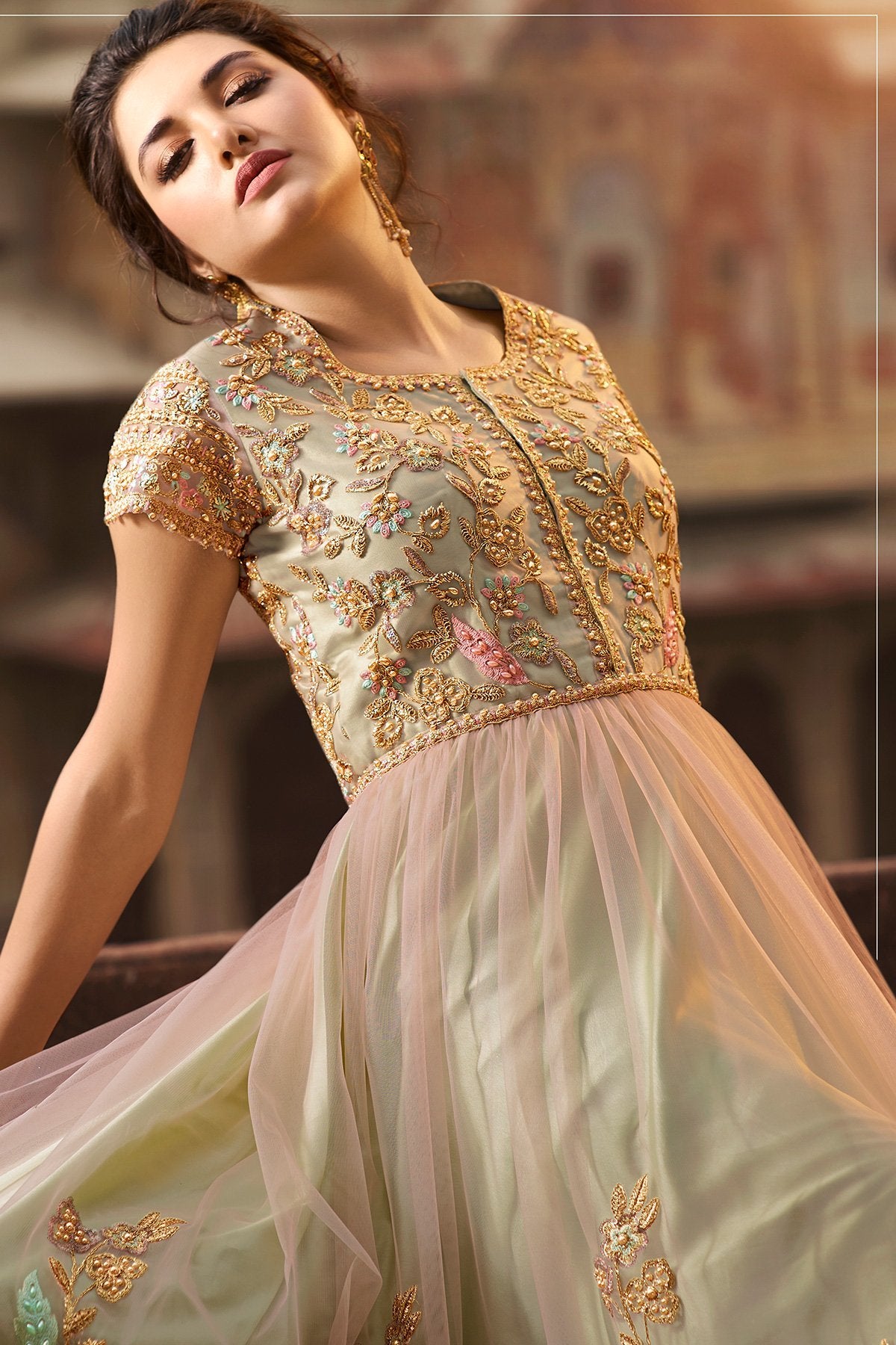 Peach and Green Party Wear Anarkali Suit