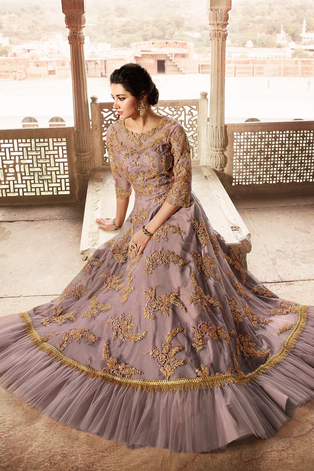 Dusty Mauve Net Party Wear Anarkali Suit