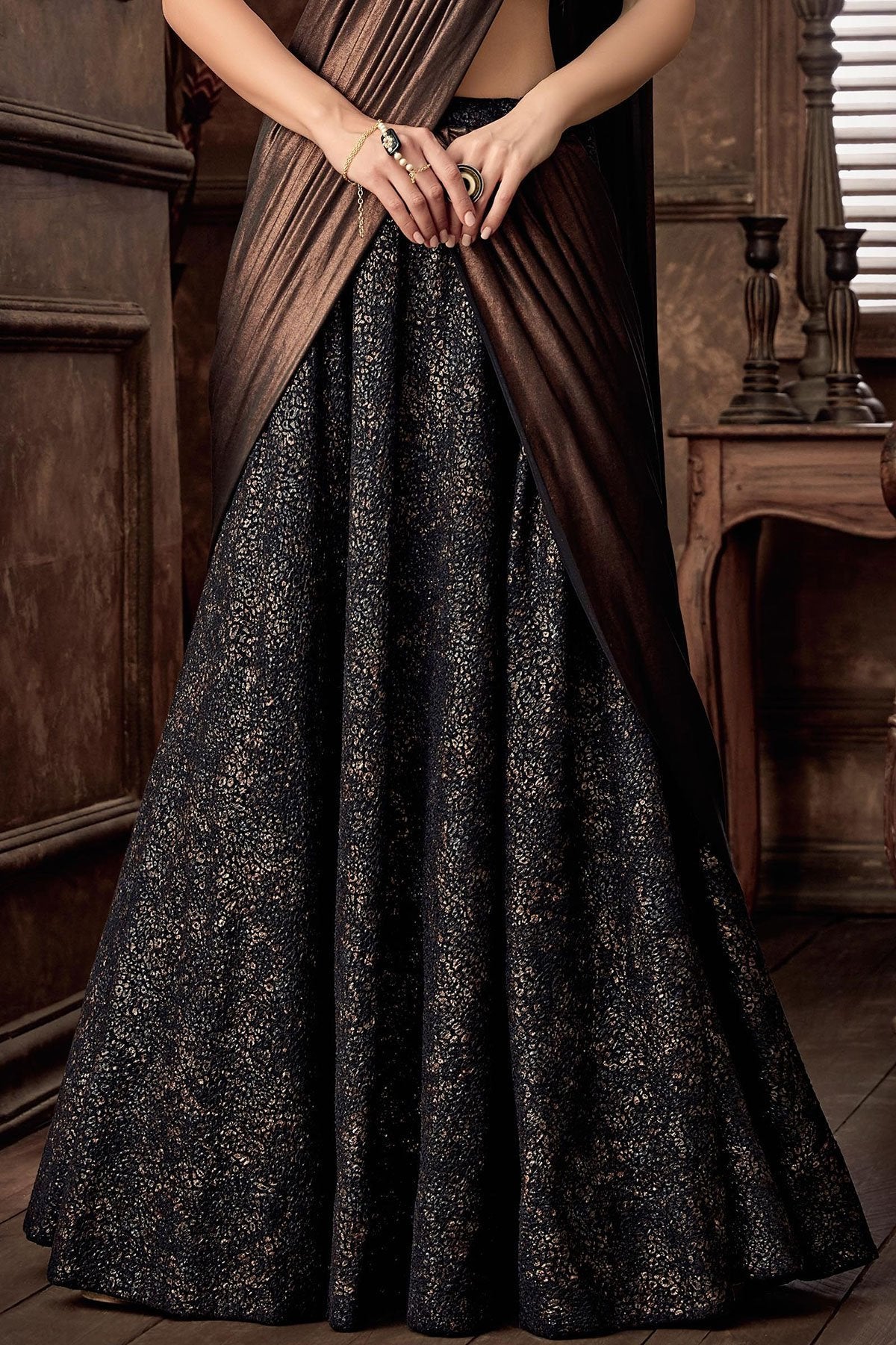 Nice looking floral Black Lehenga Set with Brown Dupatta