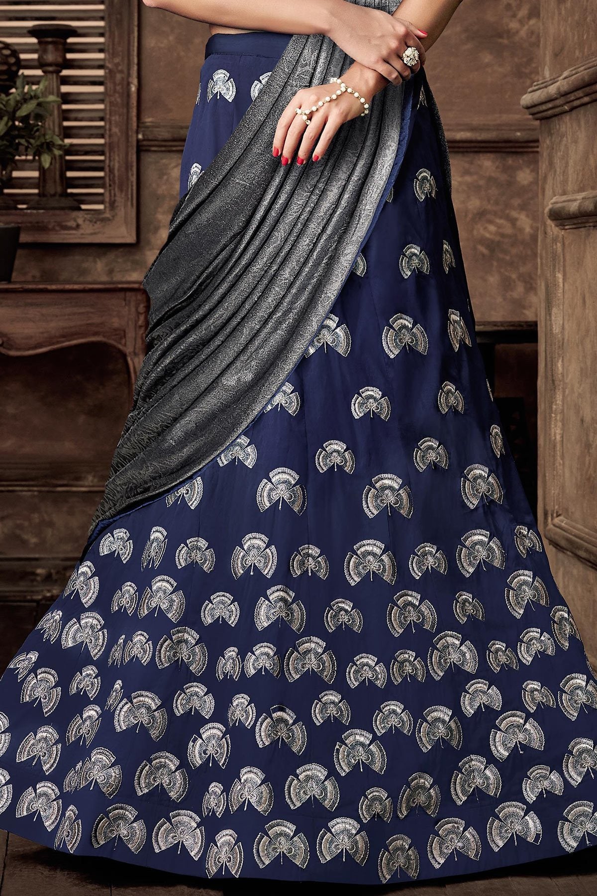 Blue Lehenga Set with Grey Dupatta