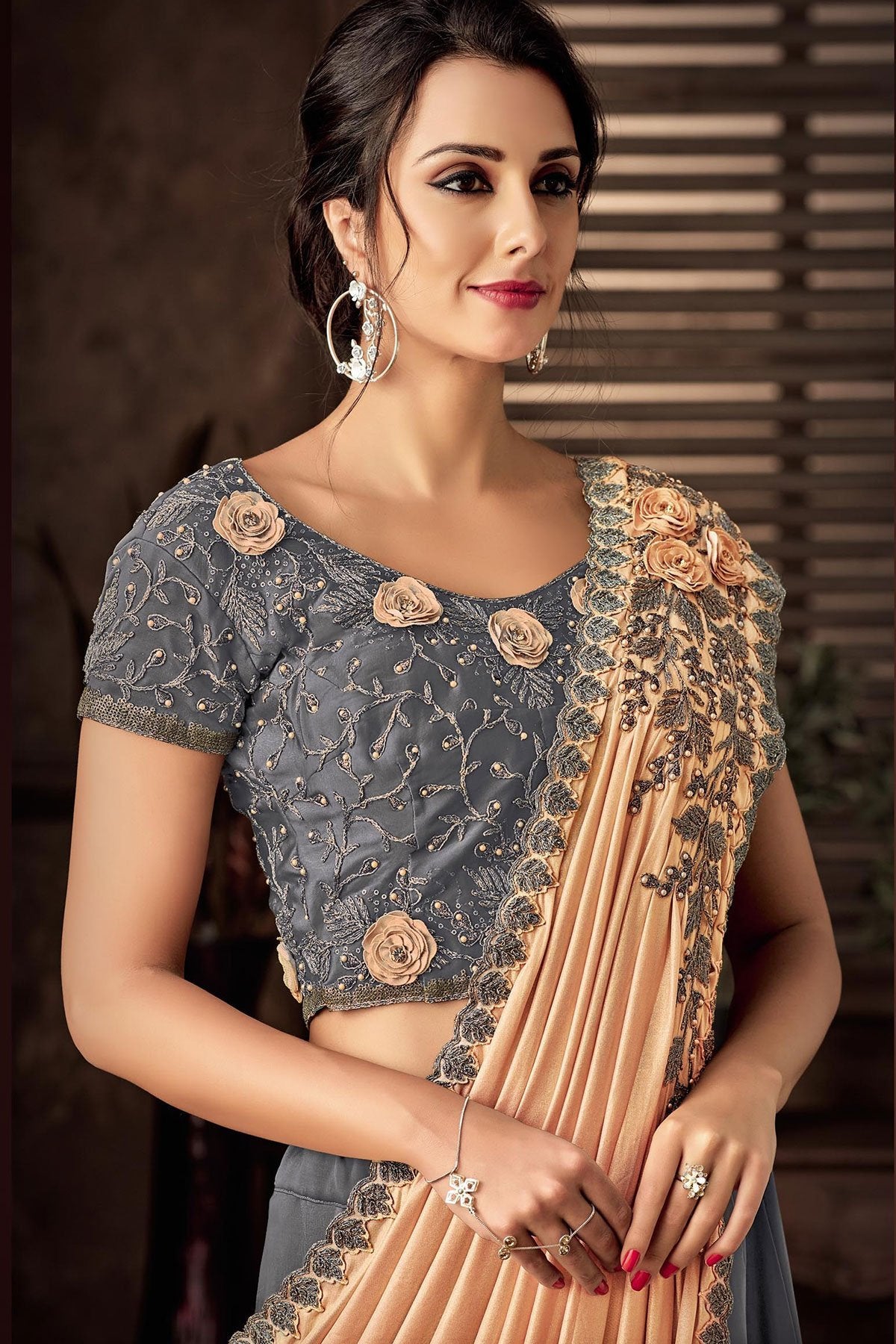 Grey Lehenga set with Peach Dupatta