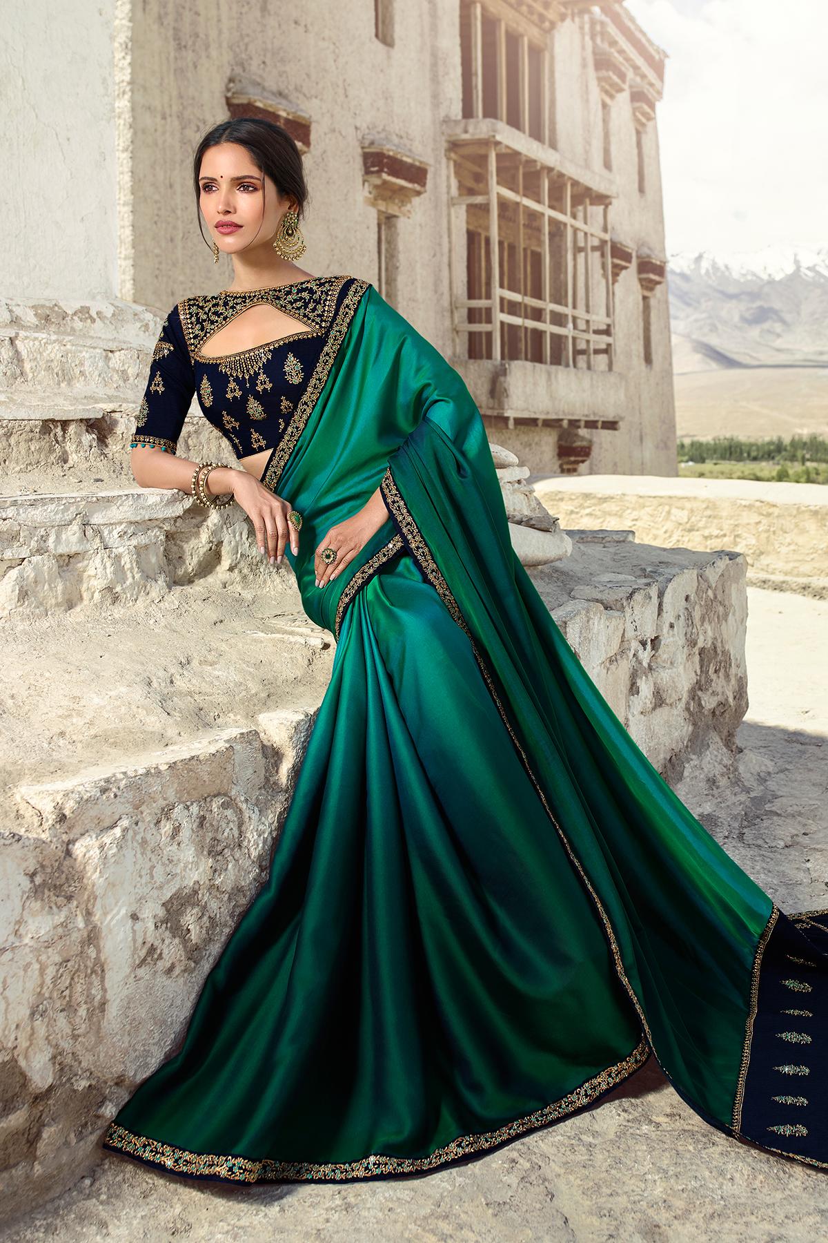 Sea Green And Navy Blue Designer Silk Sari