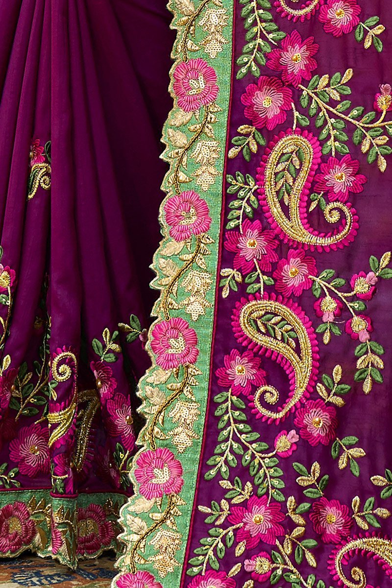 Mulberry-Violet colored Silk Saree with Mint-Green colored Blouse