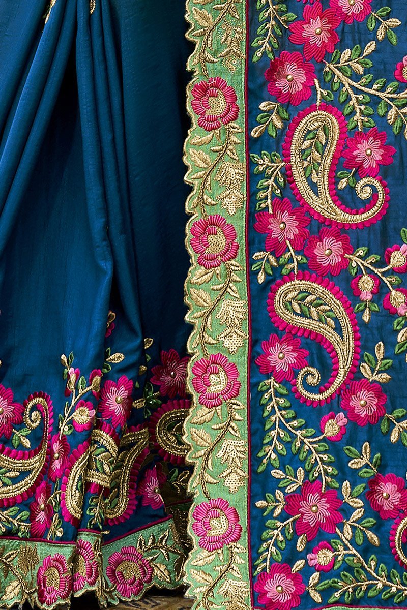 Teal-Blue colored Silk Saree with Mint-Green Blouse