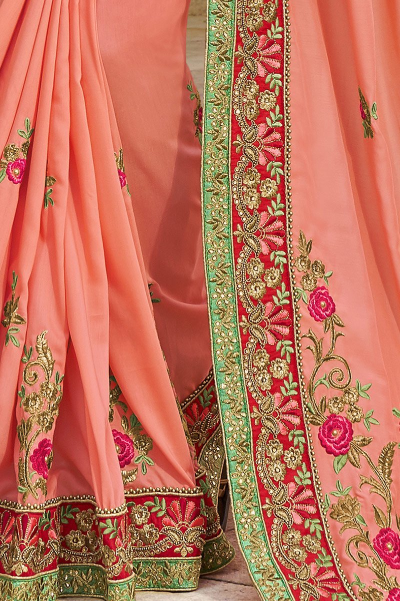 Rose-Pink colored Silk Saree with Maroon Blouse