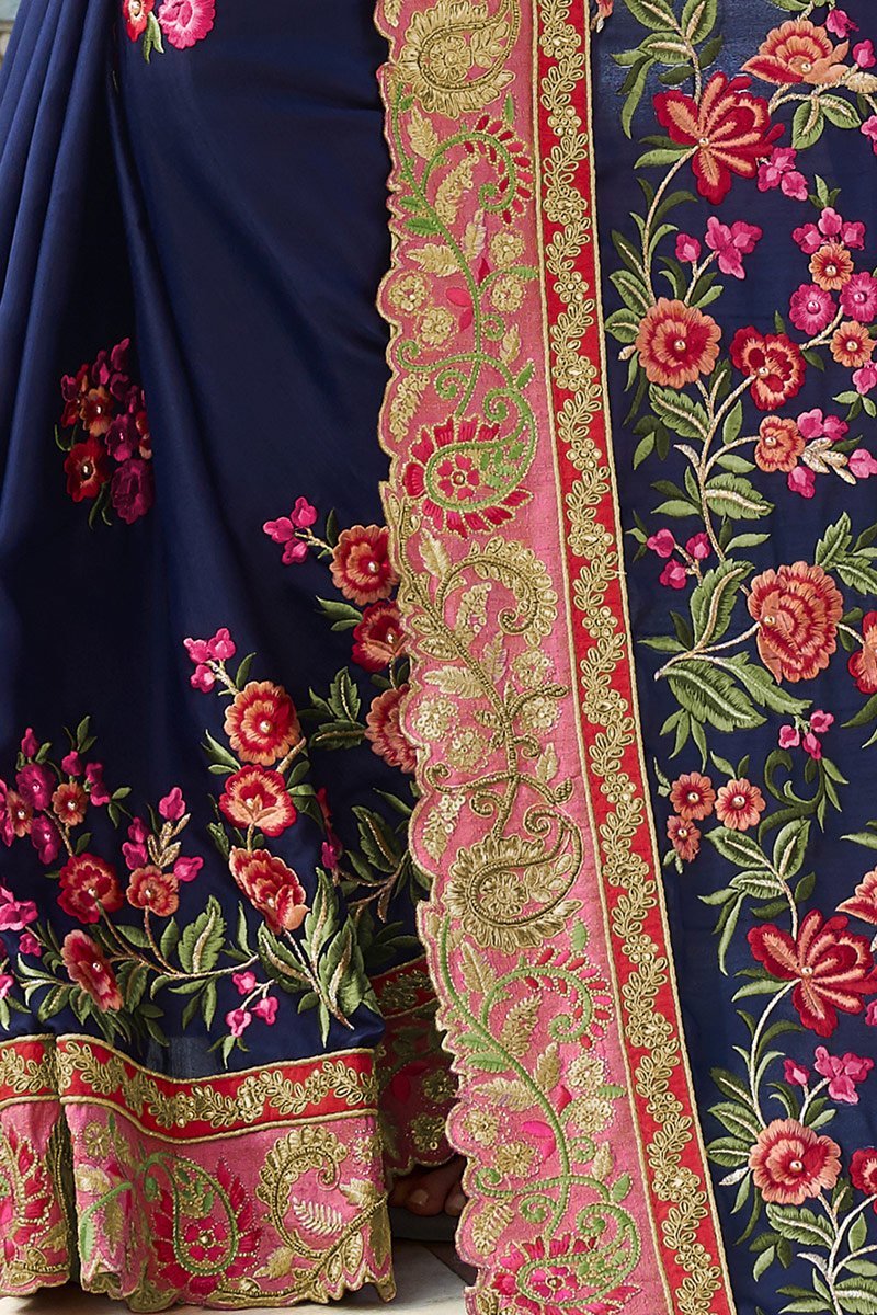 Mid-Night Blue Silk Sari with Flamingo-Pink Blouse
