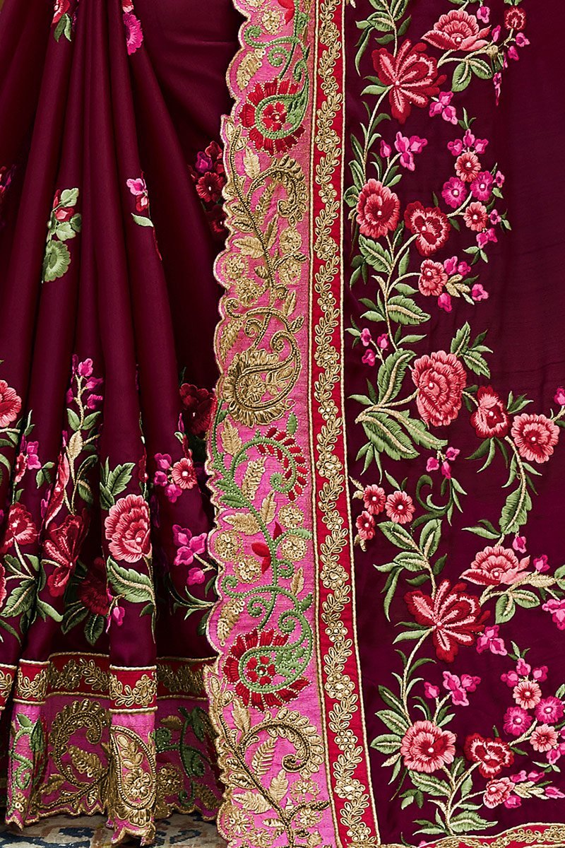 Wine colored Silk Saree with Flamingo-Pink Blouse