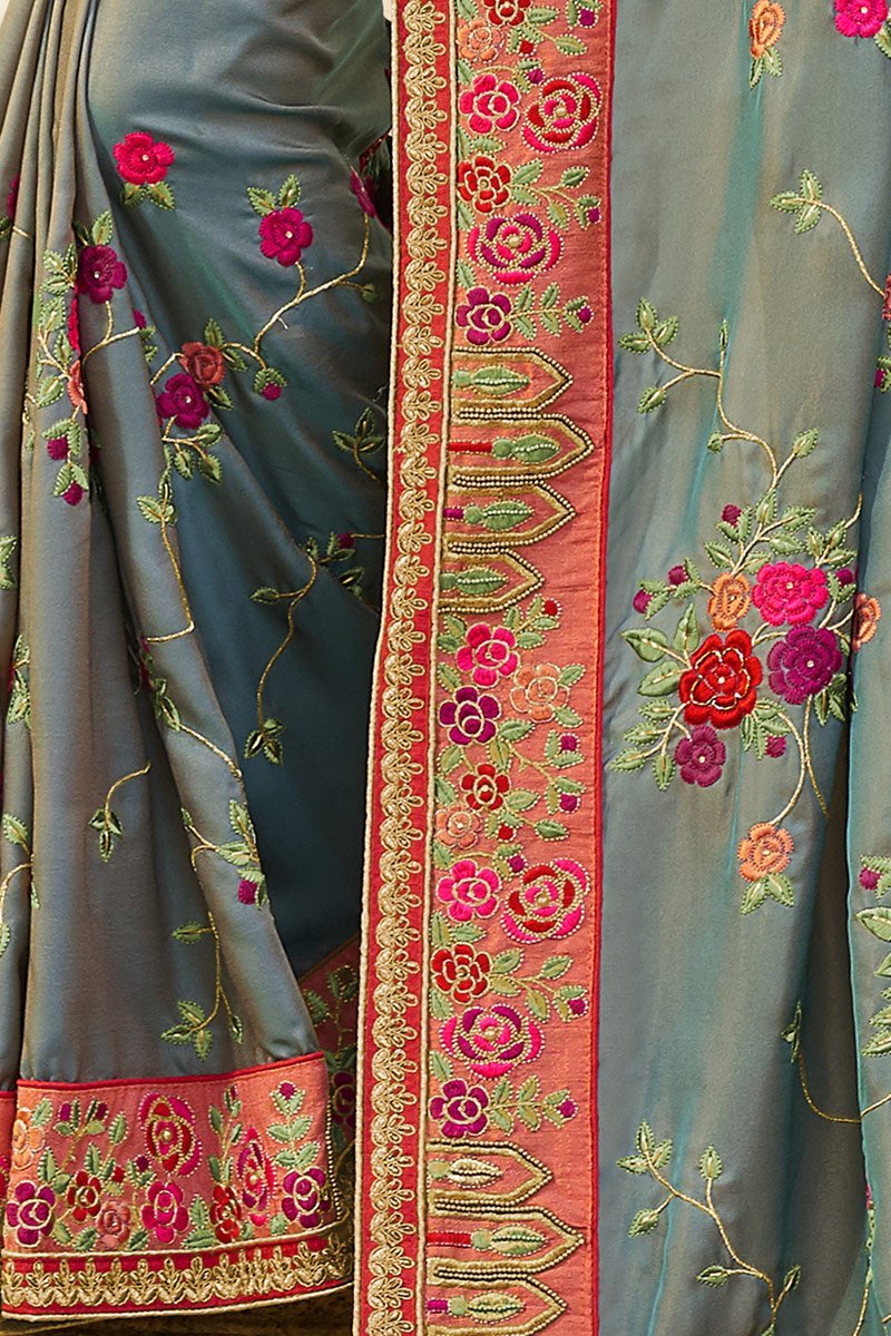 Silver-Gray colored Silk Saree with Flamingo-Pink Blouse