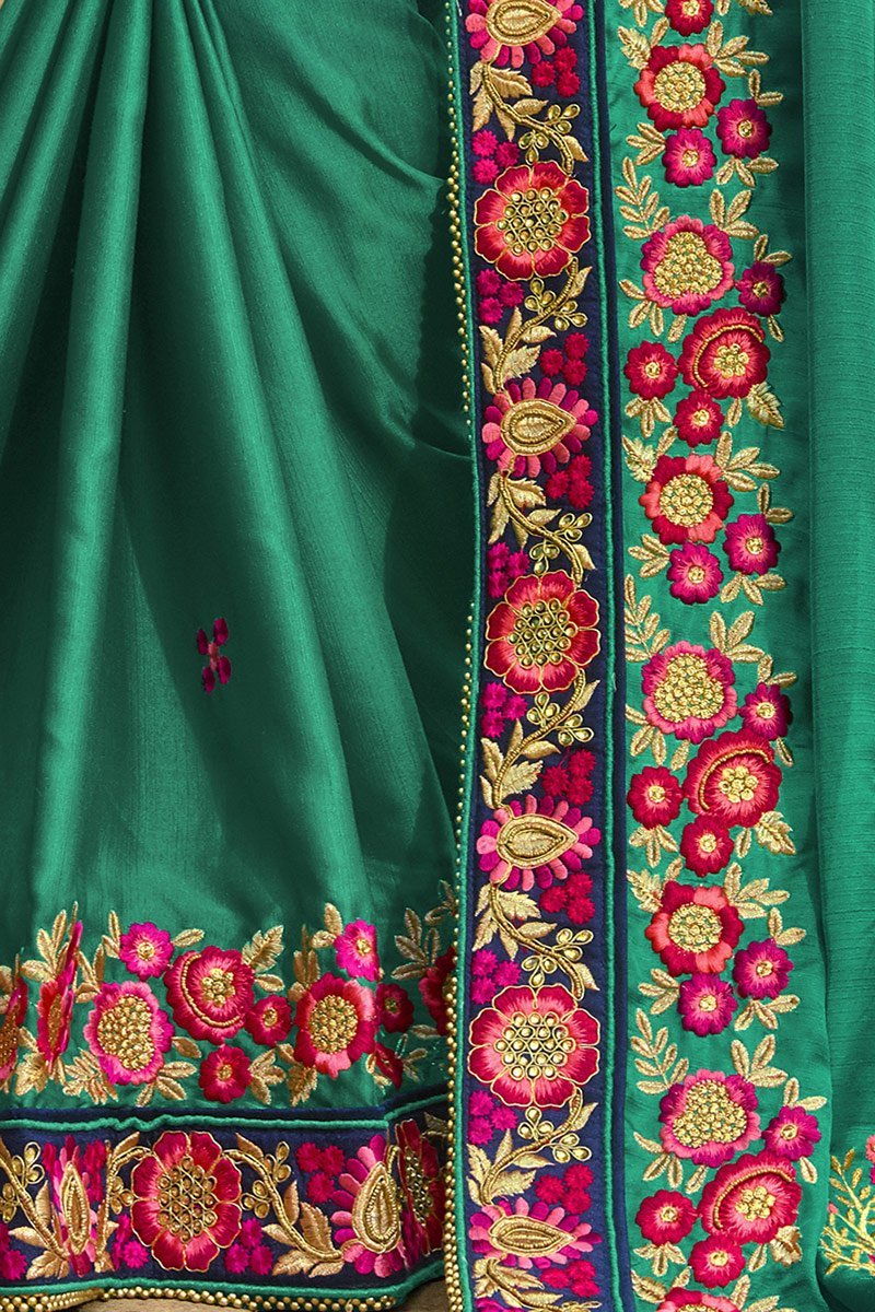 Tiffany-Blue colored Silk Saree with Navy-Blue Blouse