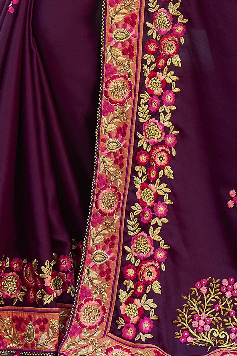 Wine Berry colored Silk Saree with Pink Blouse