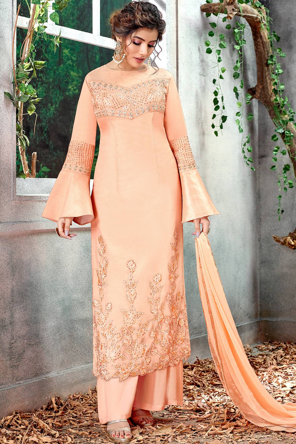 Silk Peach Designer Straight Suit