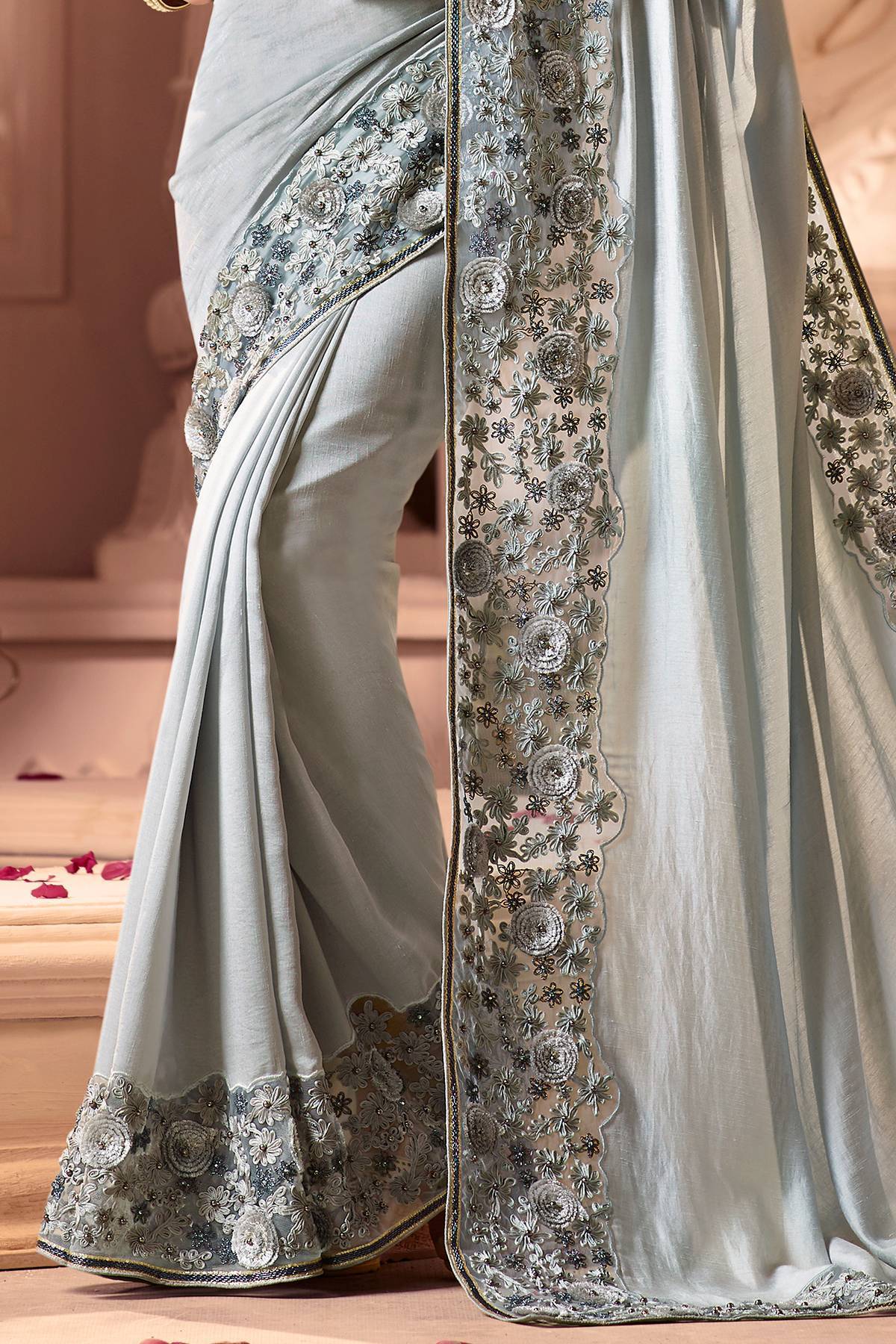 Silver Grey Designer Bridal Silk Sari
