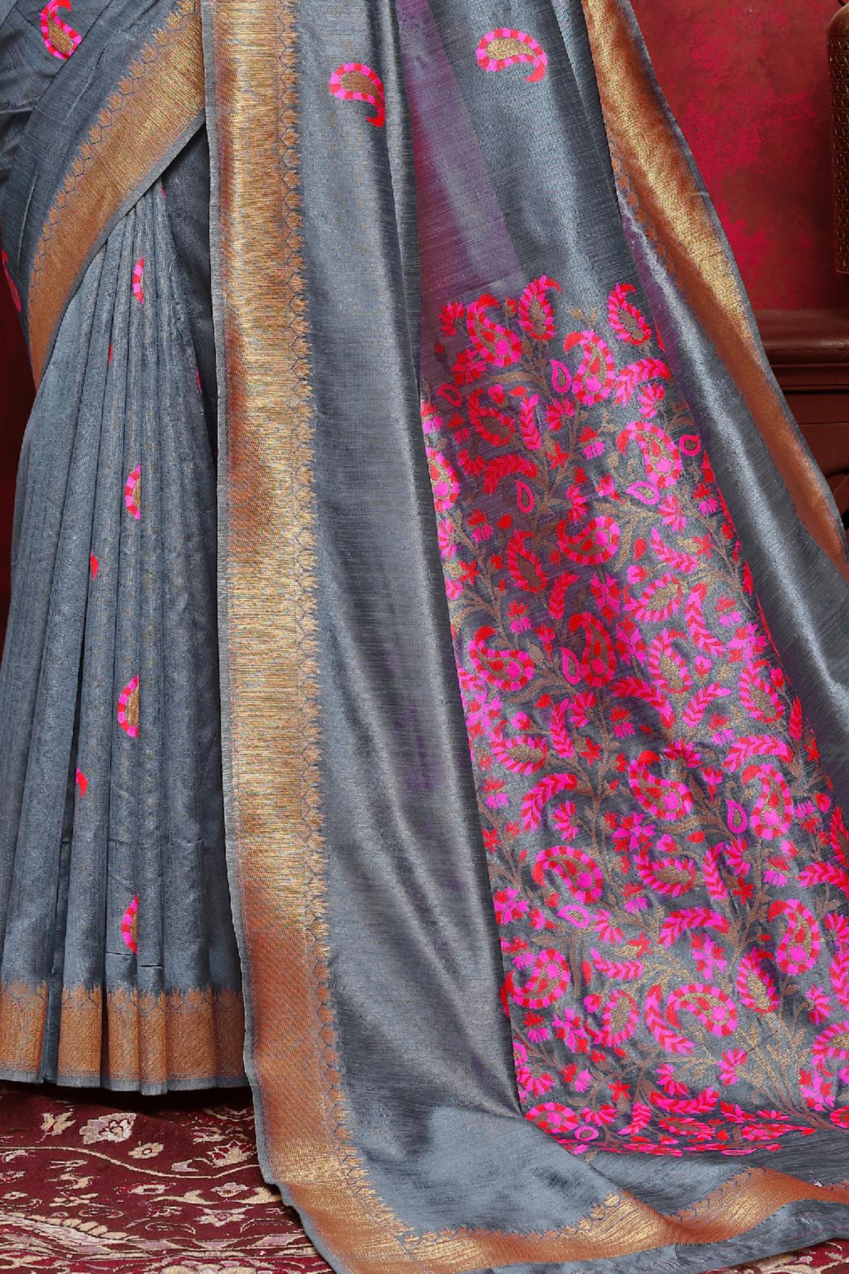 Silver Grey Designer Silk Sari