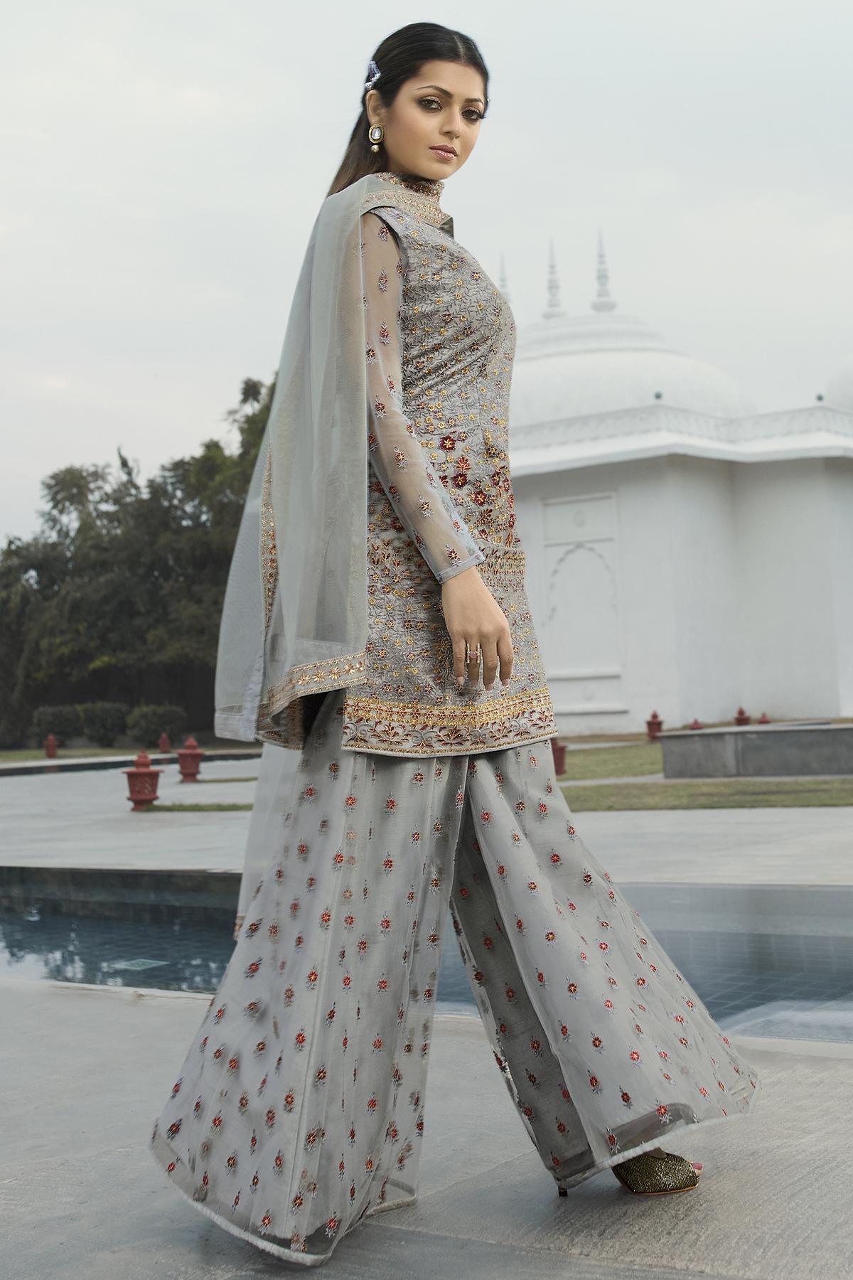 Silver Grey Embroidered Designer Palazzo Suit