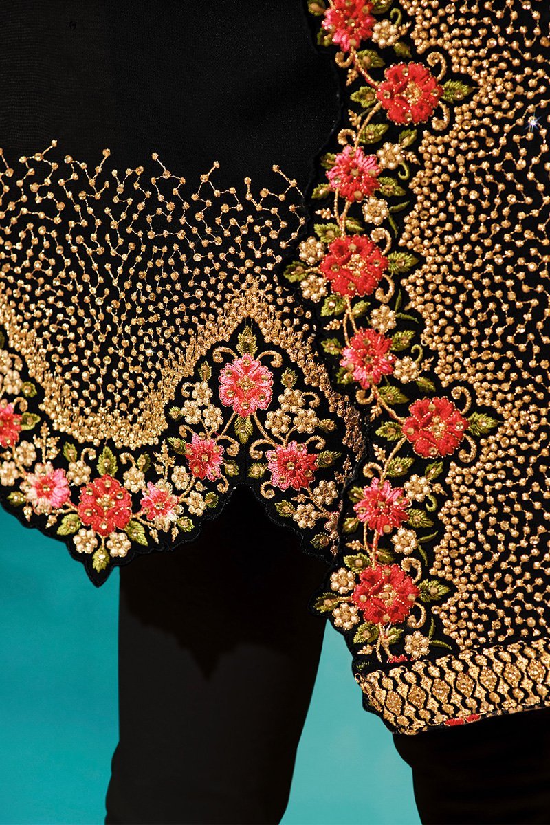 Midnight-Black Pure Georgette Suit with Embroidery and Swarovski Work
