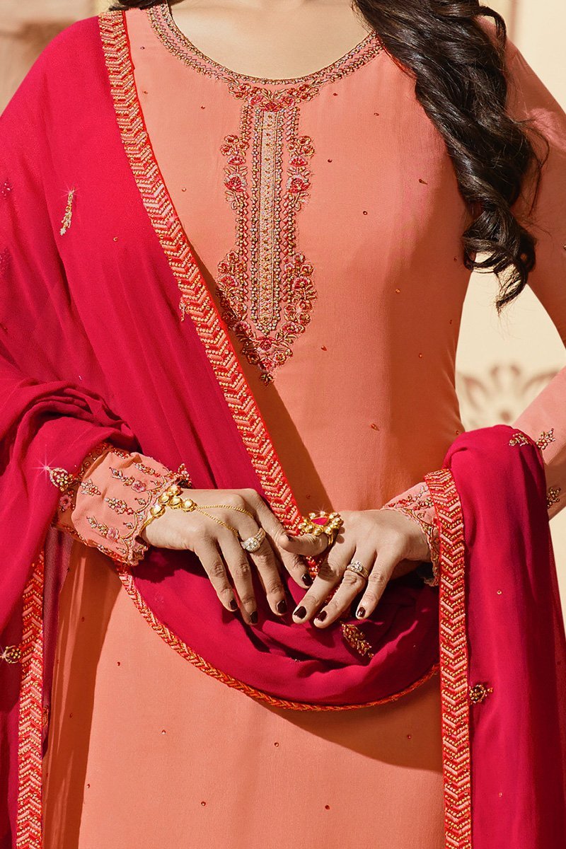 Peach Pure Georgette Suit with Embroidery and Swarovski Work