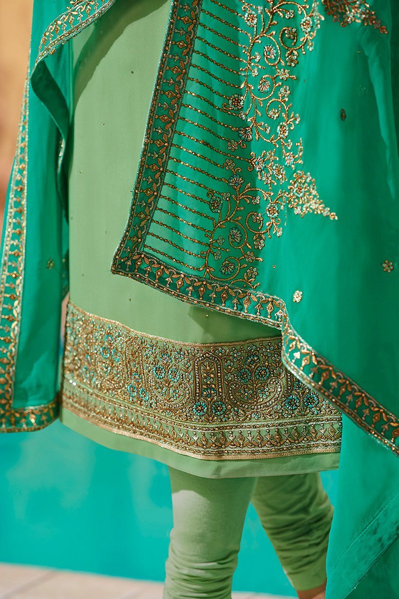 Kelly-Green Pure Georgette Suit with Embroidery and Swarovski Work